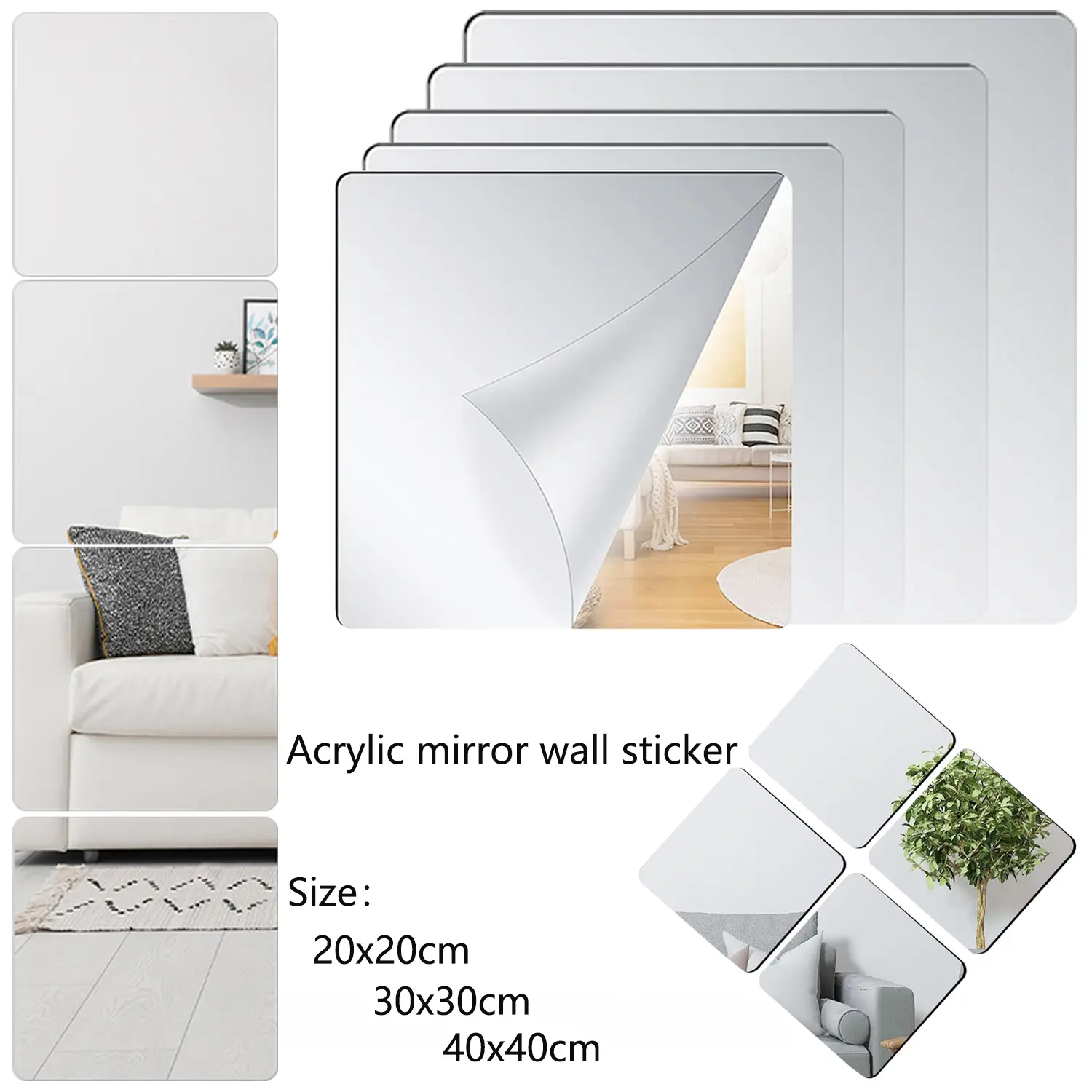 4-Pack Self-Adhesive Acrylic Mirror Tiles, 1.5mm Frameless Non-Glass Square Wall Mirrors, 7.9/11.8/15.7 Inch Peel-and-Stick Mirror Stickers for Bedroom, Bathroom, Door and Home Decor sohochic