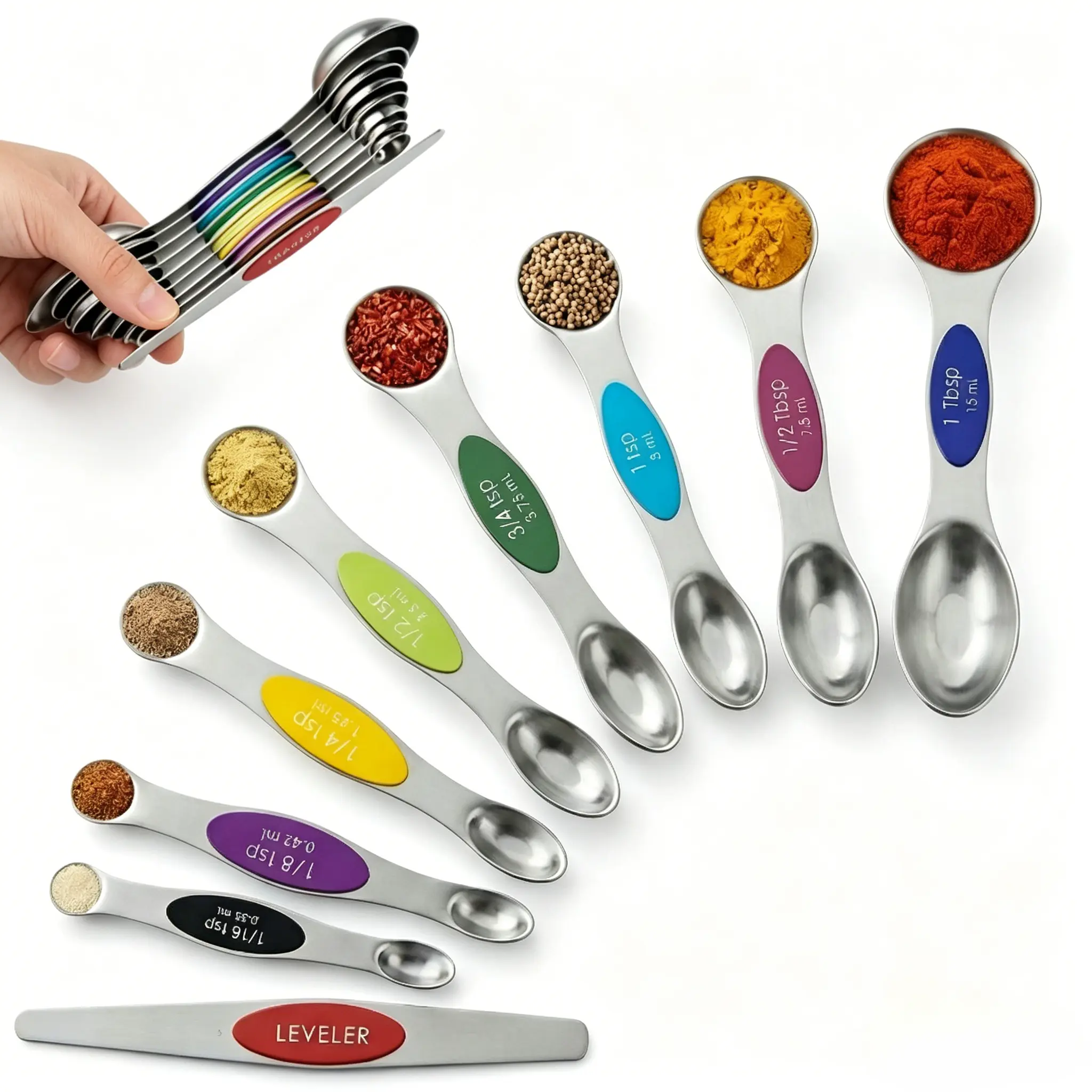 9-Piece Stainless Steel Magnetic Measuring Spoon Set with Utensils, Dual-Sided Multicolor Spoons, Leveler, Measurement Markings, Spice Jar-Friendly, Easy Storage, Dishwasher Safe Kitchen Essentials for Cooking, Measurement Markings Measuring Spoon Sets