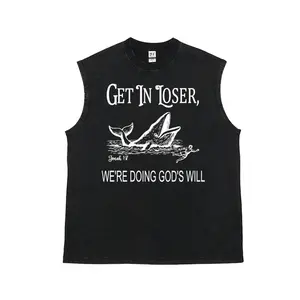 Unisex WE'RE DOING GOD'S WILL JONAH 1:17 Jonah was swallowed by a great fish Graphic Washed Vest Personalized Pattern Y2k Clothing Round Neck Washed Vest,Women's Clothing 100% Cotton, Menswear, Top, Vintage Style,Summer Casual Oversized