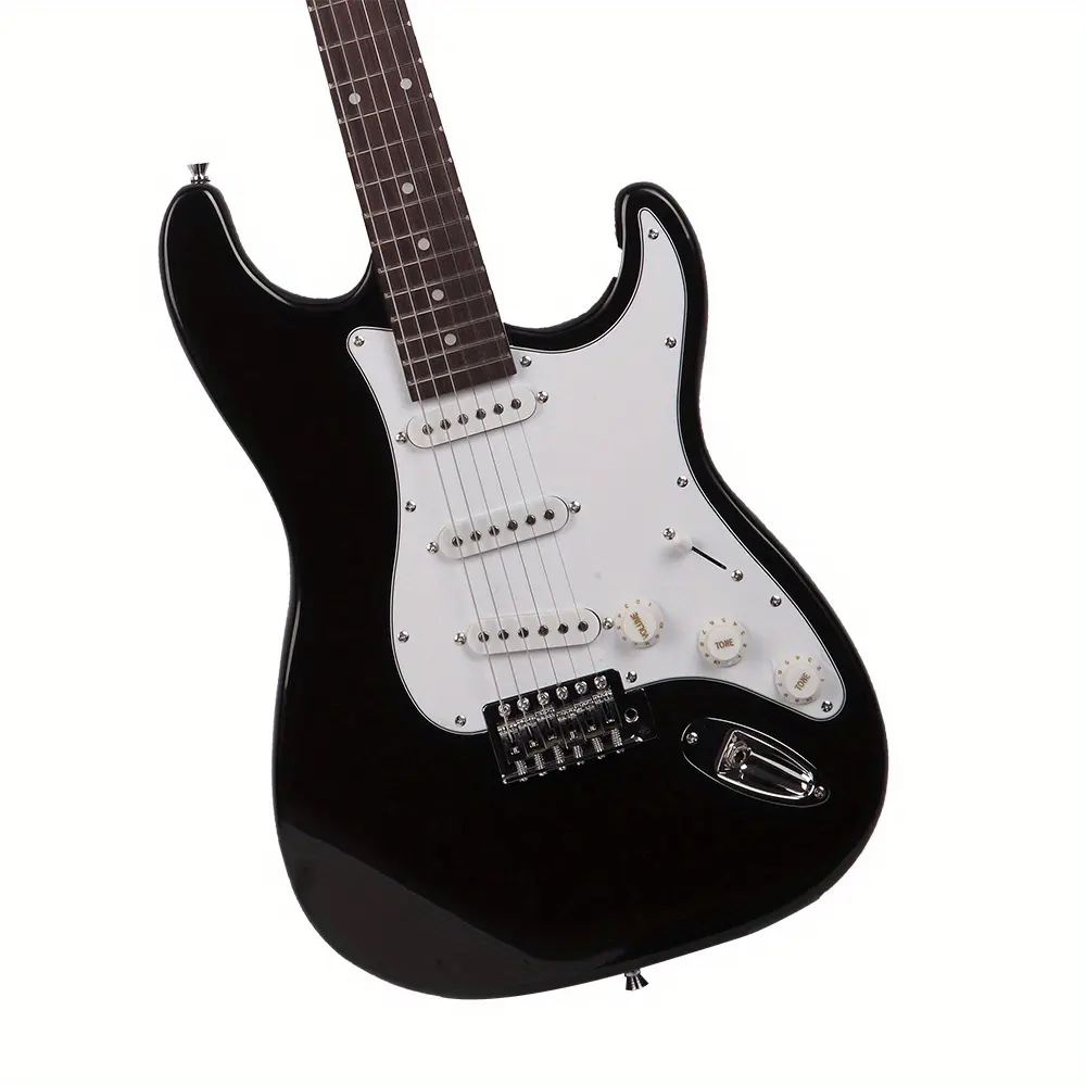 Black Electric Guitar Complete Pack for Adults - Basswood Body, Rosewood Fingerboard, White Accents, 22 Frets, 39.37in/100cm Length, 172oz Weight, Adjustable Truss Rod Reinforced Bolt-On Neck, Guitars Strings Included, None, No Battery Needed