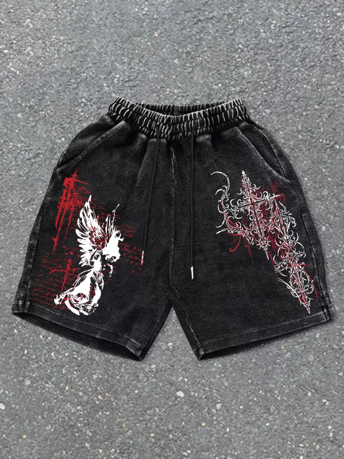 Men's washed cotton activewear athletic fitted shorts with a gothic graphic print and pockets. Comfortable and casual, suitable for everyday wear. Summer Style Shorts