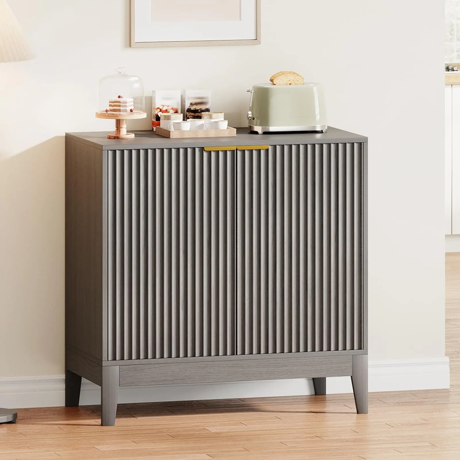 Garvee Midcentury Modern 2-Door Fluted Panel Rectangular Accent Cabinet - Eco-Friendly Density Board, Adjustable Shelf, Waterproof Console Table, Single Unit, Clean Aesthetic Minimal Chic Home Decor for Living Room, Easy-Clean, Assembly Required