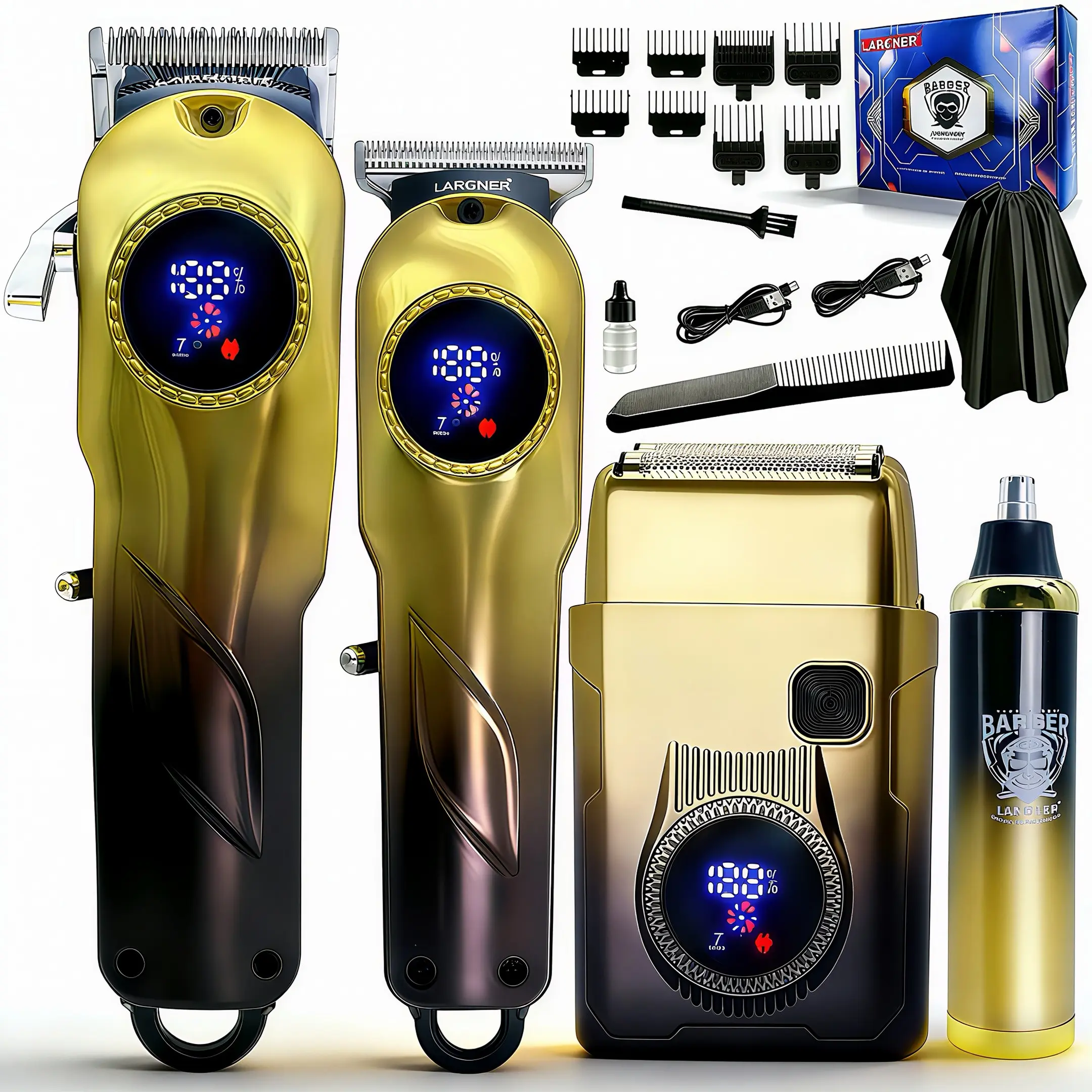 Men's Professional Hair Clipper Set, Rechargeable Clippers, Cordless Barber Kit with Trimmer, Gold Gradient Color, Long-Lasting Battery Life, Cordless Rechargeable Trimmer, Cordless Trimmers Kit