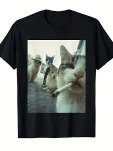 Humorous Retro Style Smoky Cat Graphic Tee Comfortable Breathable Summer T shirt