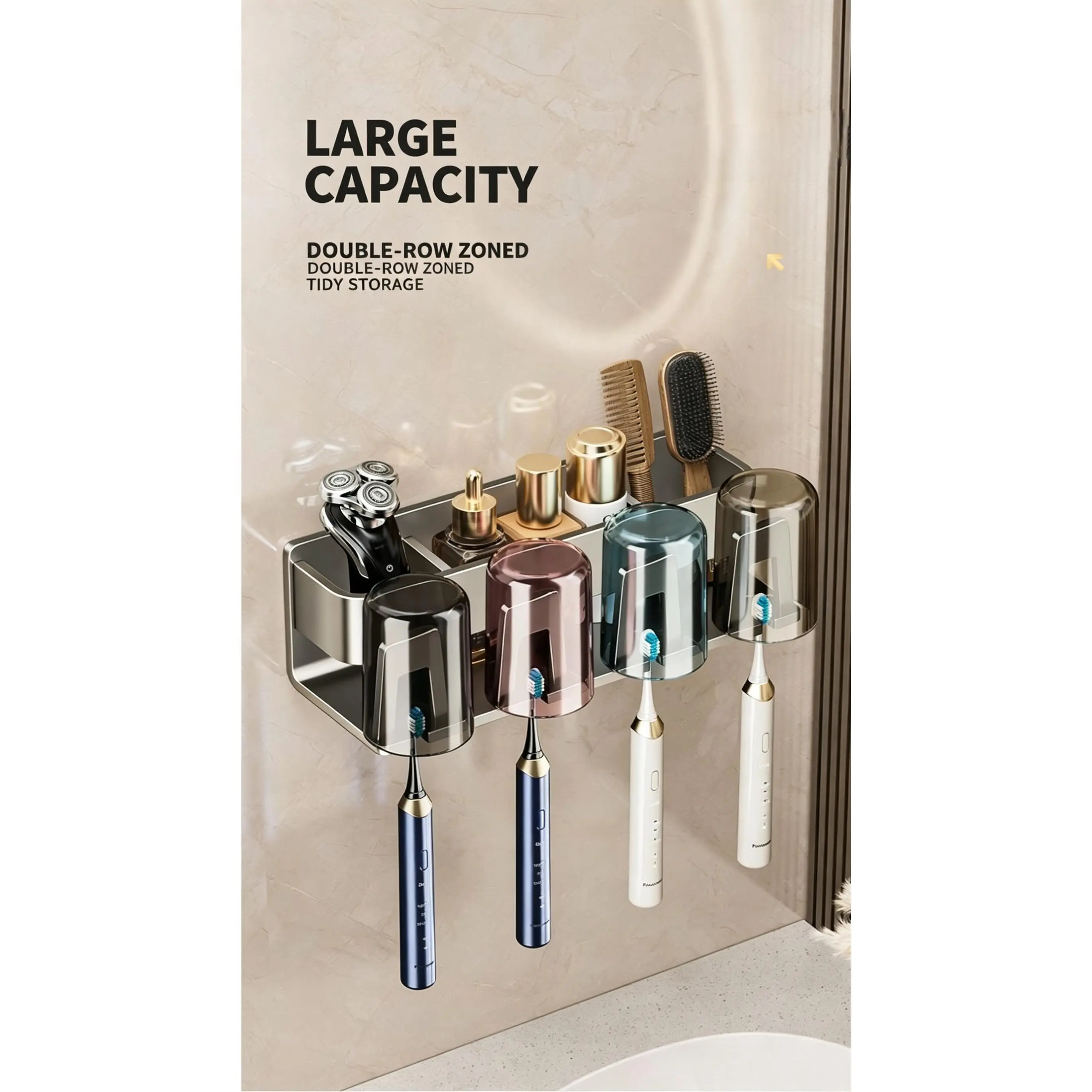 No Drill Wall Mounted Stainless Steel Toothbrush Holder Set for 3 People, Includes 3 Mouthwash Cups, Storage Organizer for Electric Toothbrushes and Toothpaste