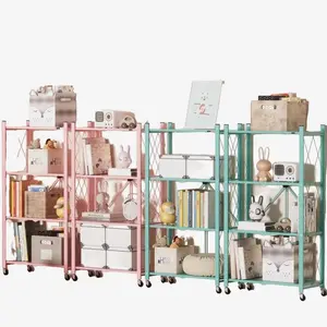 4-Tier Foldable Shelves for Storage, Mental Shelf with Wheels, Colorful Organiser Racks,Sturdy Standing Shelving Unit for Kitchen Garage Home Office Room Greenhouse, 2 Pack