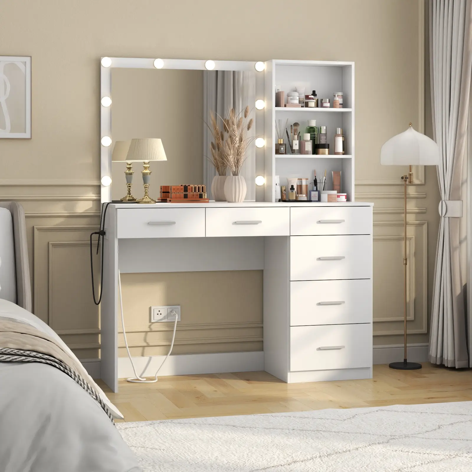 Gyfimoie White Vanity Desk with Lights, 6-Drawers Makeup Vanity table with Power Strip and Storage Shelves, Dressing Table with Lighted Mirror for Women Girls vanity with White Vanity vanity  desk