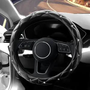 Diamond Soft Leather Steering Wheel Cover with Bling Bling Crystal Rhinestones, Universal 15 inch Anti-Slip, Car Interior Accessories Black