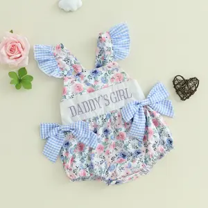 Cute Newborn Baby Girl Fathers Day Daddys Girl Outfit Fly Sleeve Flower Print Bow Romper Infant Bodysuit Summer Clothes
