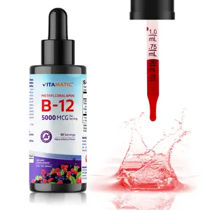 Vitamatic Fast Acting Methylcobalamin Liquid Vitamin B12 5000 mcg Dietary Supplement - US Healthcare Edible, Natural Berry Flavor, Sublingual, Faster Absorption, Gluten Free, 2 OZ, Nutrition Vitamins Supplements