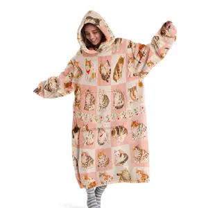 Hooded blanket, wearable blanket, Cozy hooded blanket, pink and white plaid with cat print hooded wearable blanket, flannel blanket, soft and warm blanket suitable for sofa cover, air-conditioning blanket, nap blanket, camping, travel