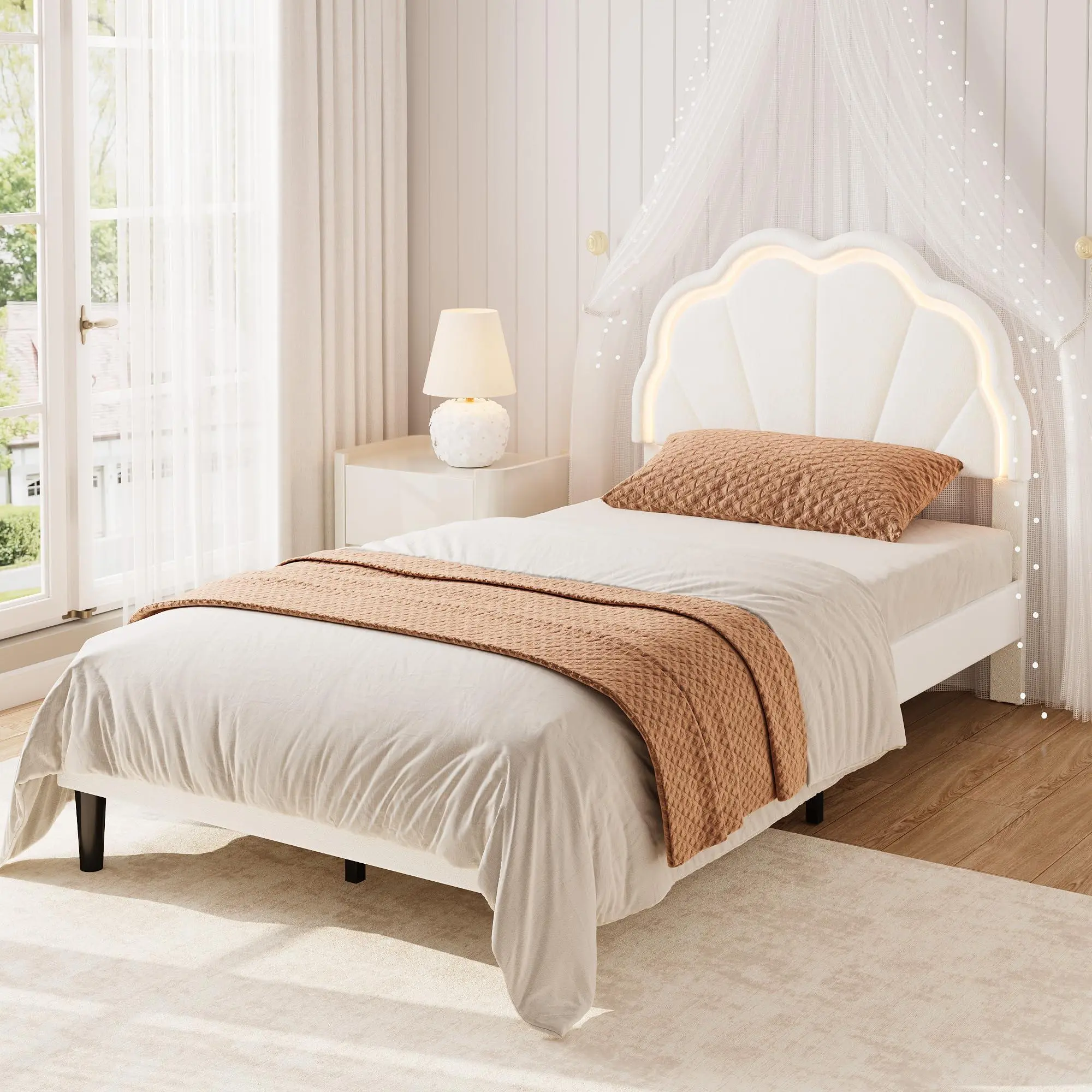 White Twin Velvet Platform Bed Frame - Adjustable Sea Shell Headboard, LED Lighting, Under Bed Storage, No Box Spring Required