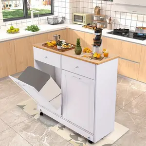 10-Gallon Double Tilt Trash Cabinet with 2 Spacious Drawers and Rolling Storage, Mobile Trash Bin Organizer for Home and Kitchen - Available in White