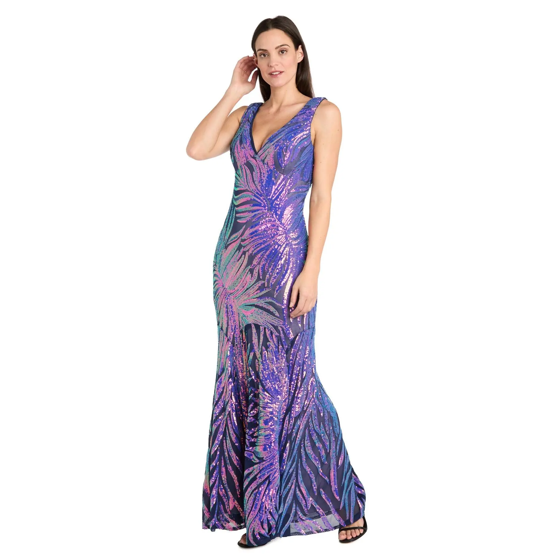 Sequin Feather Pattern Fitted Dress with V-Neckline and Godet Skirt