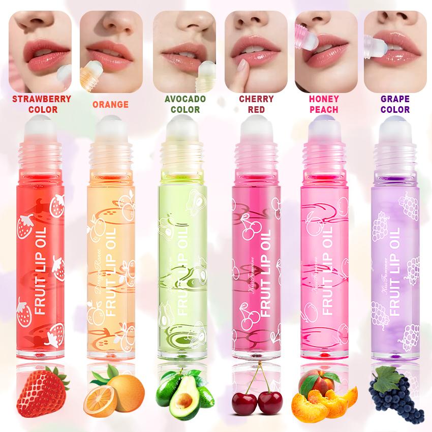 Hydrating Lip Oil Roller Gloss Juicy Glass Lips Non Sticky Moisturizing Lip Care Fruit Flavor Lip Gloss for Dry Lips Long Lasting Shine Strawberry Peach Grape Cherry