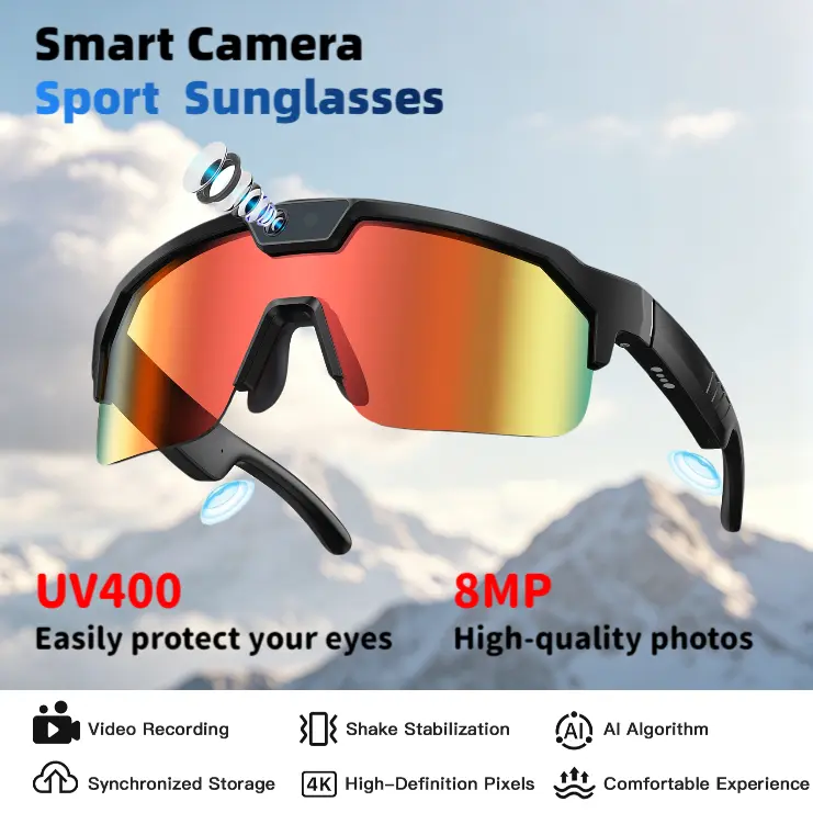 AI smart Camera sport Glasses with 8MP Camera,Hands-Free Photography/Video Record, Bluetooth Wireless Wearable, Built-in Storage(No SD Card Needed)UV Protection,160+Languages Translation sunglass for Travel Outdoor Adventures,Cycling/Skiing/Basebal