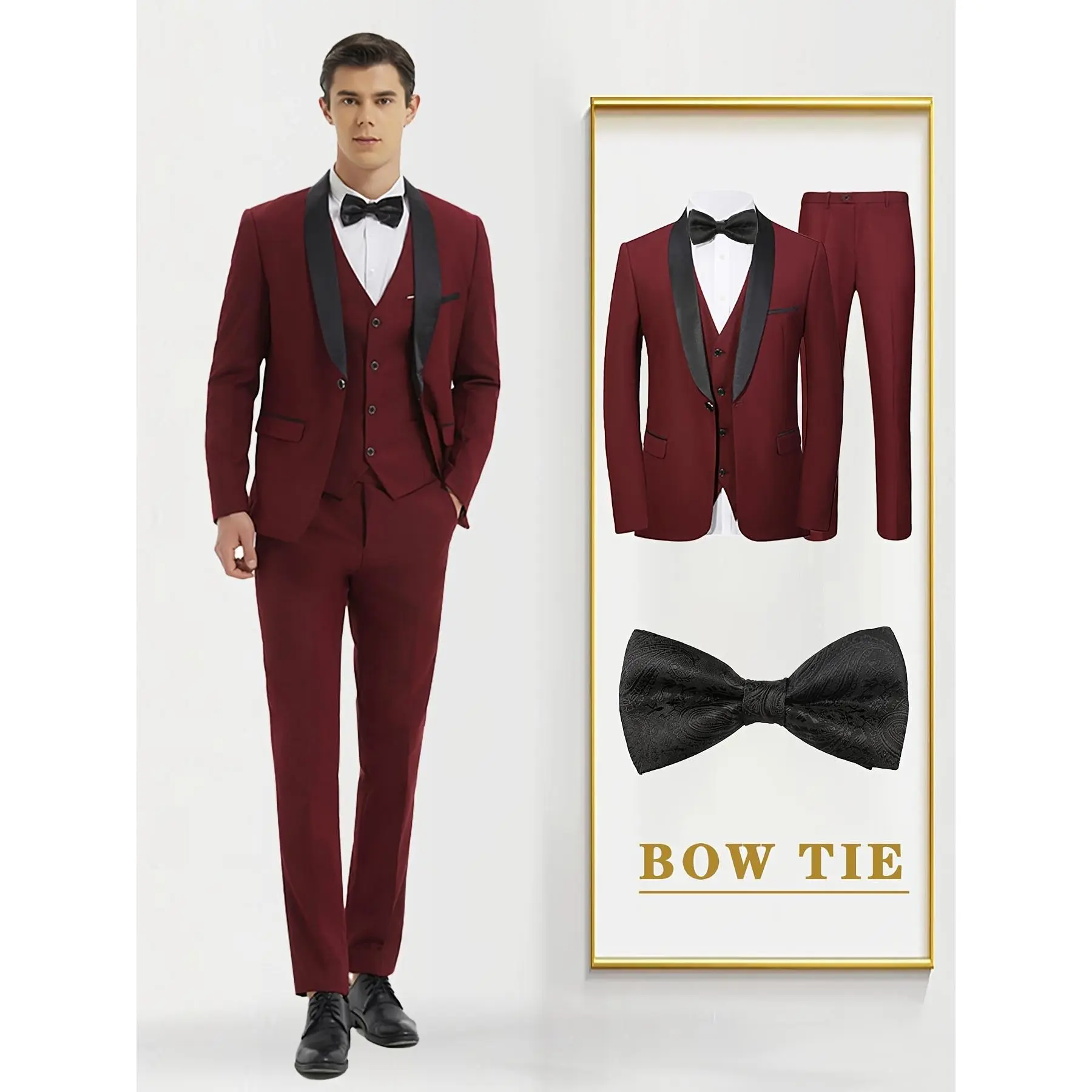 Four Piece Men's Boutique Set: A suit jacket, vest, pants, and black tie in an English style, elegant and fashionable, slim fit and delicious, high-quality texture, multifunctional, paired with a black tie, suitable for business, banquets, weddings, and o