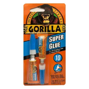 Gorilla Super Glue 0.8 oz. Clear Sandable Plastic Glue/Epoxy, Anti-Clog Cap, Impact Tough Glue, Fast Setting Super Glue, Multi-Surface Adhesive, No Clamp Glue, Dries Clear, Cyanoacrylate Glue, Reusable Glue.