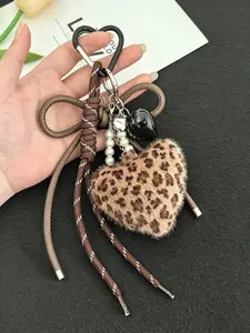 Trendy Leopard Print Plush Heart Keychain, Y2K Braided Umbrella Rope Bag Charm, Fluffy Cheetah Heart Pendant, Pearl Decor, Cute Accessory for Girls