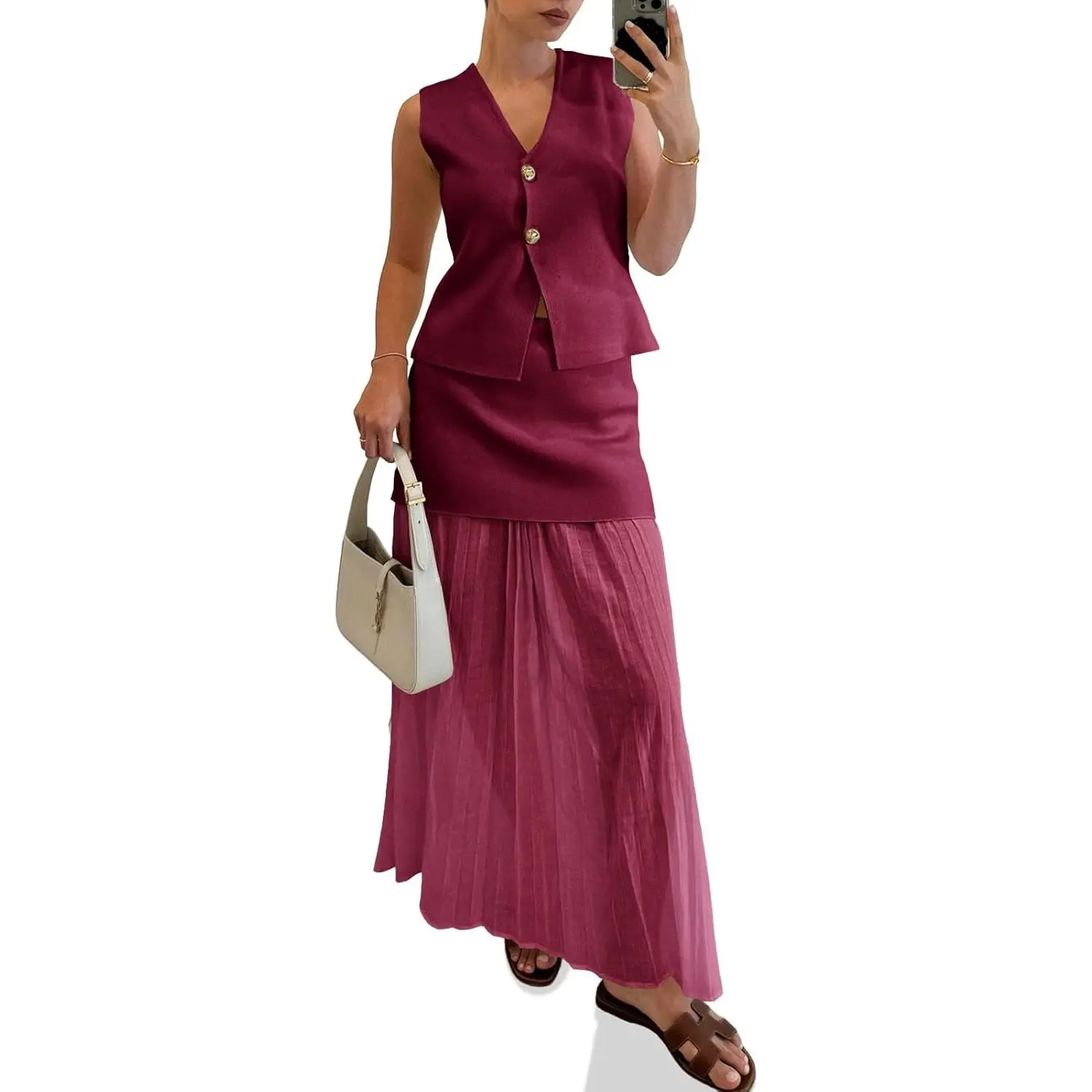 Imily Bela Womens Summer 2 Piece Outfits V Neck Sleeveless Blazer Waistcoat and Mesh Maxi Skirt Suit Sets