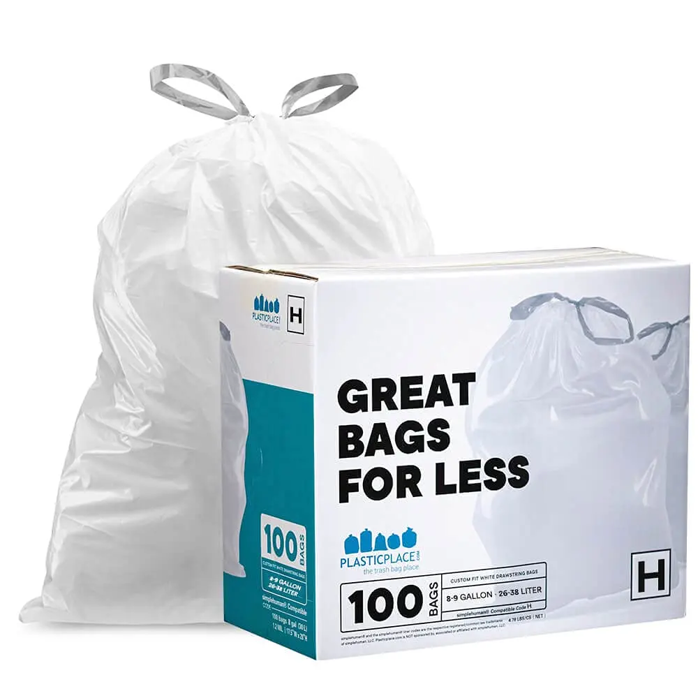 Plastic Drawstring Trash Bags for Households - Simplehuman® Compatible, Code H, 8-9 Gal, 100-Count Case