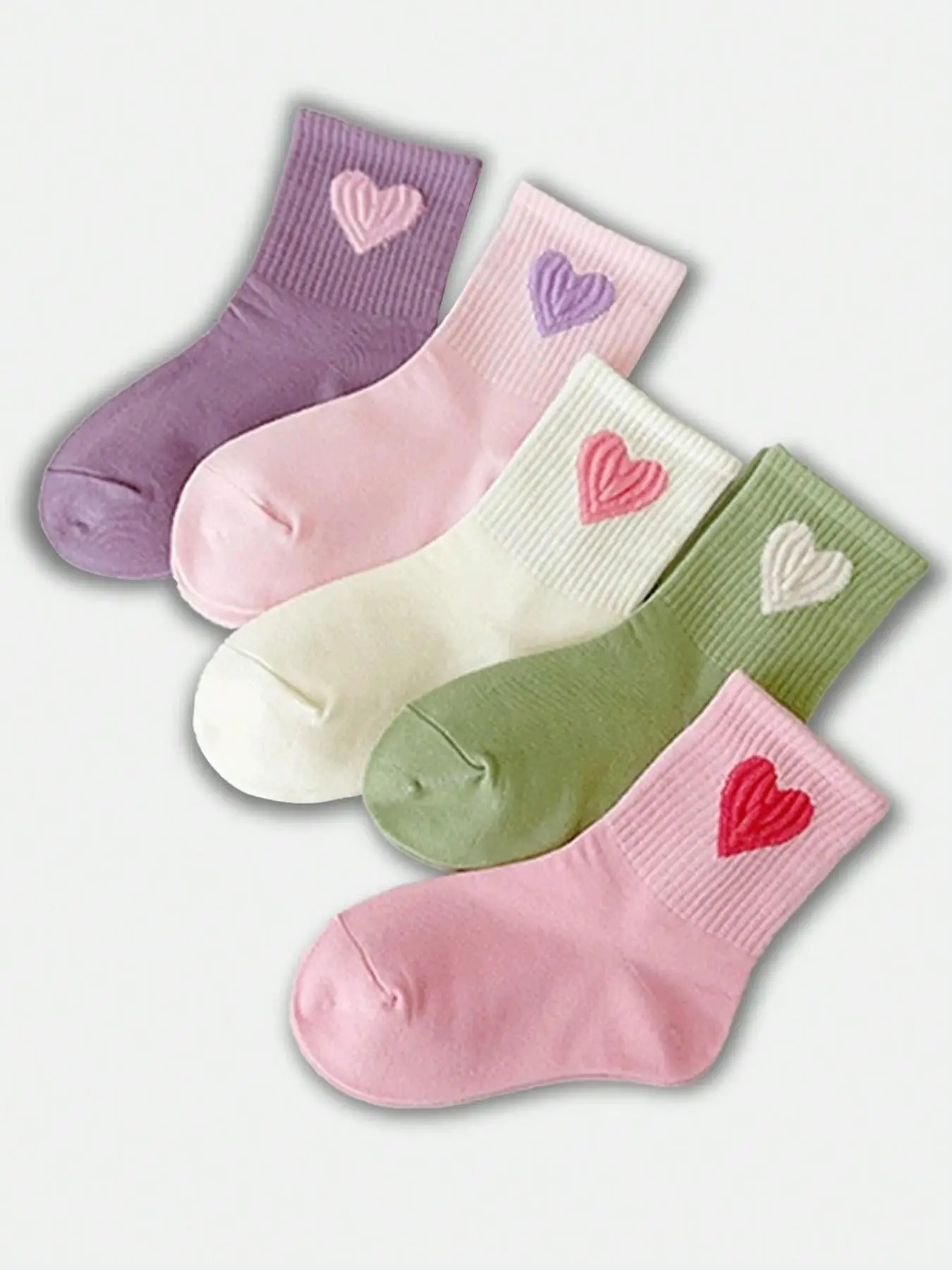 Girls' Heart & Bow Pattern Crew Socks, 10 Pairs, Soft Breathable Socks, Comfortable Breathable Mid-Calf Socks, Casual All-Season School Socks, Breathable Comfy Socks