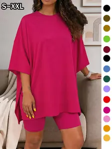Women's Solid Color T-Shirt and Tight Shorts Set Loungewear, Summer Comfort Round Neck Pajamas, Casual Pocket Design, Suitable for Outdoor Wear
