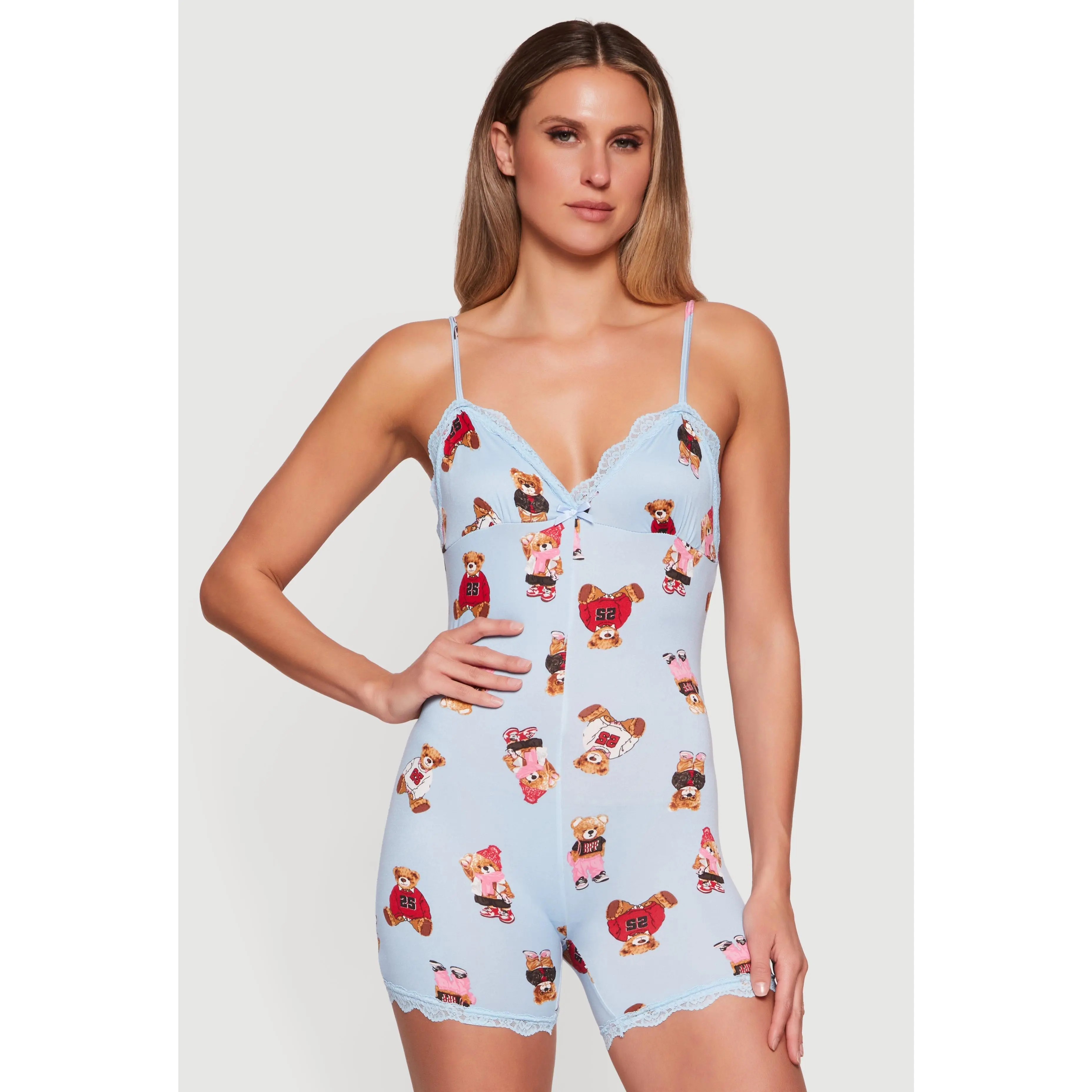 Bear Patterned Lace Trim Pajama Romper