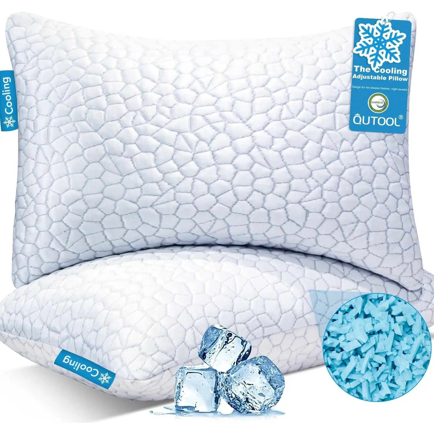 【Summer Pick】QUTOOL Cooling Bed Pillows Set of 2 for Sleeping, Adjustable Shredded Memory Foam Pillows 2 Pack for Hot Sleepers, Luxury Cool Gel Pillow for Side Back Sleepers with Removable Cover, Supportive, Cold Pillow, Bedroom Decor, Summerwins