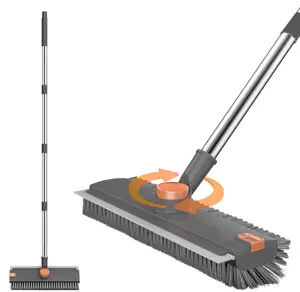 Long Handle Scrub Brush Squeegee Broom Grey 3-in-1 Shower Scrubber Floor Cleaner for Tile Wall Deck Patio Concrete Surfaces Stainless Steel PP TPR Material Adjustable Handle 16" to 52"