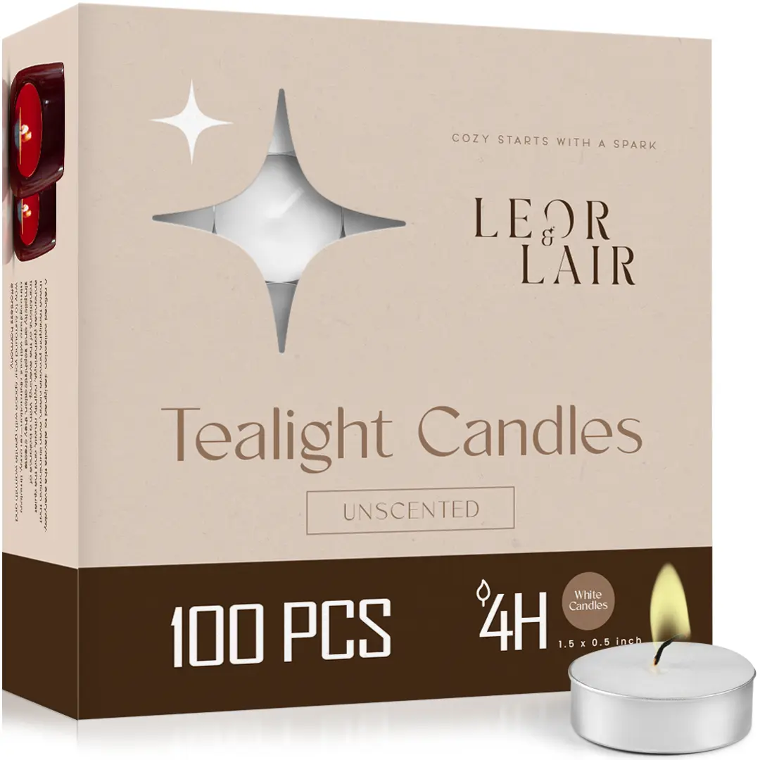 Leor & Lair Tea Lights - Long Burn Paraffin Palm Wax Candles, Standard Size, Cotton Wick, Clean Steady Warm Glow, Home Decor - 25, 100, 200 Pack