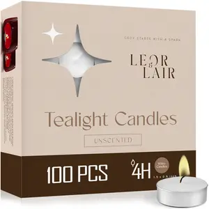 Leor & Lair Tea Lights, Long Burn Tealight Candles, Paraffin Palm Wax, Home Décor & Spa - 25, 100, & 200 Pack - Standard Size, Cotton Wick, Clean Light