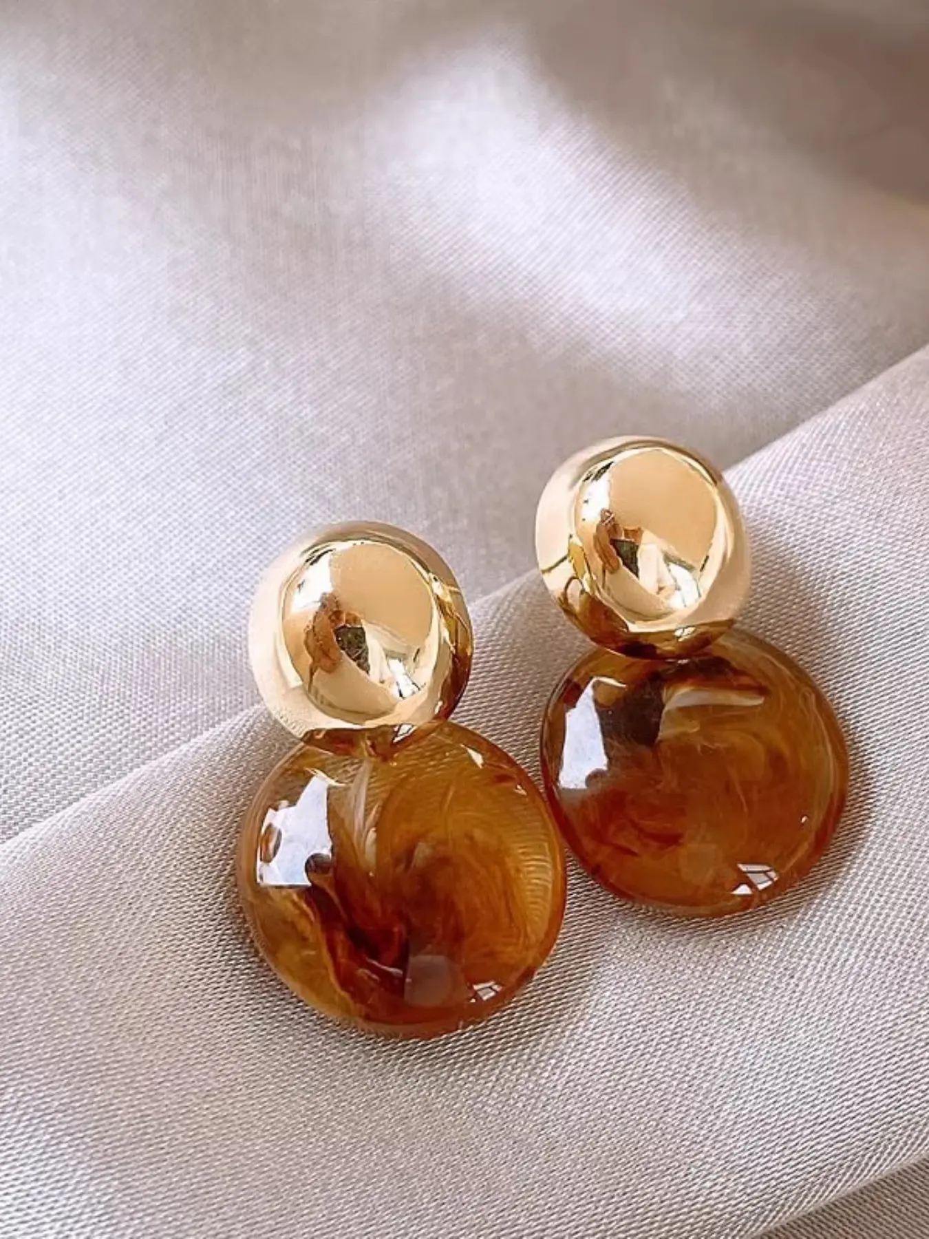 Amber Color Dual Ball Earrings for Women, Large Round Studs, Vintage Luxury High-End Jewelry, Elegant Daily Wear Accessories
