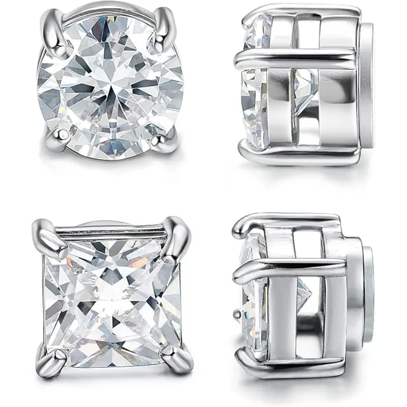 Men’s & Women’s 2-Pair Stainless Steel Hypoallergenic Earrings Studs - No-Piercing Cubic Zirconia 5-8MM Modern Costume Stud Earring Jewelry Pins, Cubic Zirconia Studs