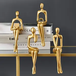 Golden Sitting Figure Sculpture, 1 Count Modern Home Decor Figurine for Bookshelf, Mini Sitting Thinker Statue, Abstract Figure Sculpture