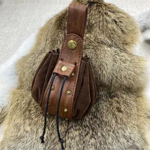 Vintage Medieval Faux Leather Drawstring Pouch, Portable Coin Purse, Rivets Belt Pouch, Dice Bag for Larp Ren Faire