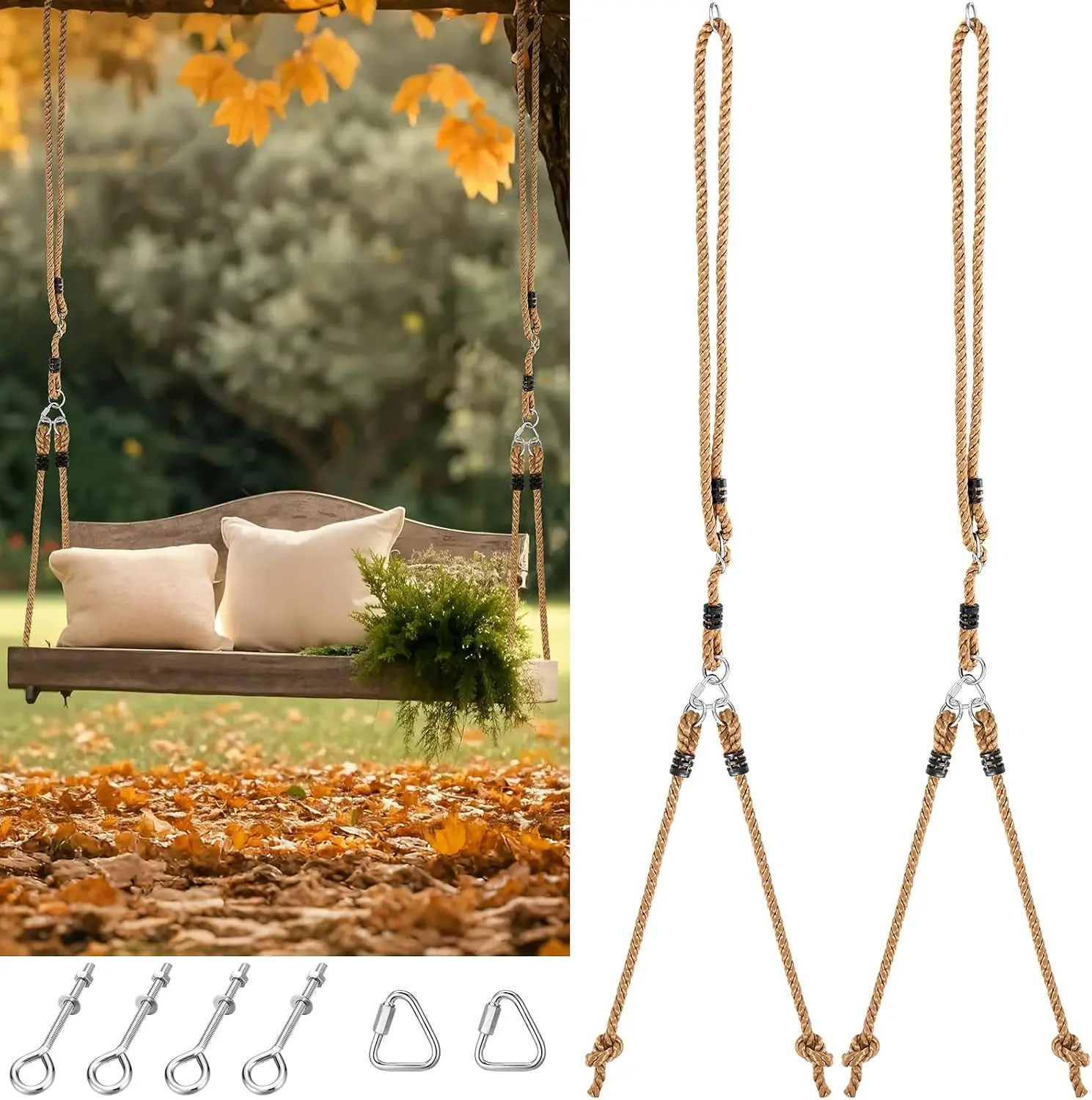 2 Pack Porch Swing Rope Kit Adjustable Swing Bed Straps Holds 800 Lbs Heavy Duty Claws for Porch Garden Patio(138 Inches, 11.4 ft)
