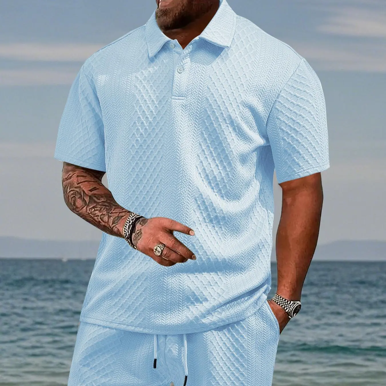 Men's Summer Polo Shirt Shorts Set, Textured Knit 2 Piece Outfits for Men, Casual Short Sleeve Button Shirt and Shorts Matching Set, Beach Vacation Golf Outfit
