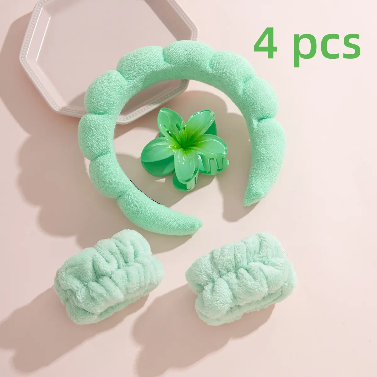 4-Piece Spa Headband and Wristband Set, Soft Velvet Fluffy Puffy Sponge Makeup Headband for Facial Cleansing and Skincare, Women's Headbands-MM1