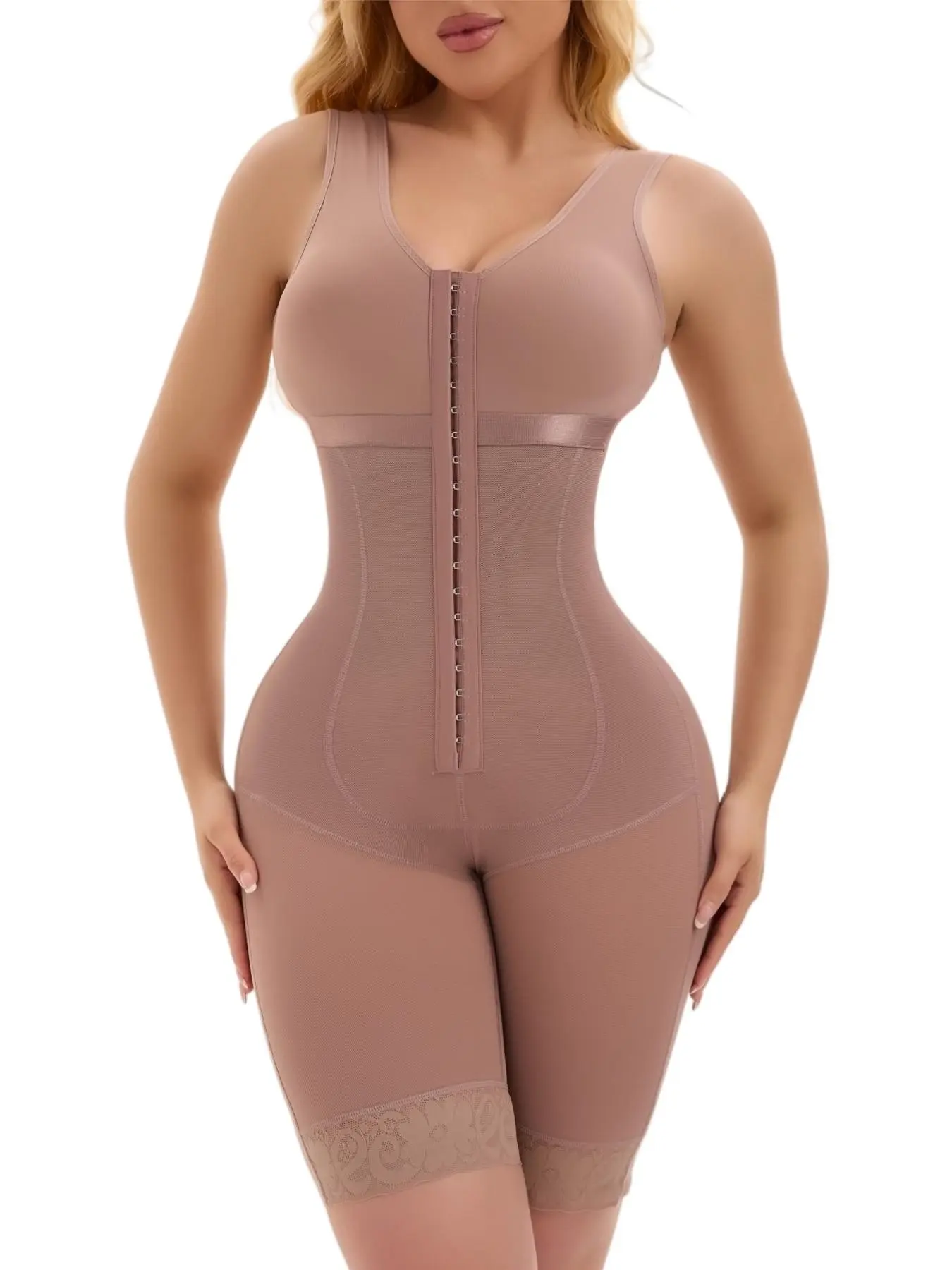 1 Count Women's Shapewear Bodysuit, Fajas, Fit, Curve Hugging Compression, Butt Lifting And Tummy Control Shaperwear, Wide Sleeveless Straps And Lace Trim Hem Shapewear, Open Crotch Design Jumpsuit, Colombian Shapewear, Suitable For Sports, Yoga