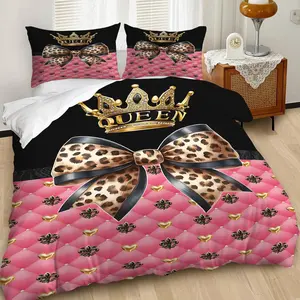 Elegant Leopard Print Duvet Cover Set, Luxurious Queen Bedding Set with Gold Crown Design, Chic and Stylish for Modern Bedroom Decor, Perfect for a Unique Home Aesthetic!, Contains 1 duvet cover, 1 or 2 pillowcases (without filling)