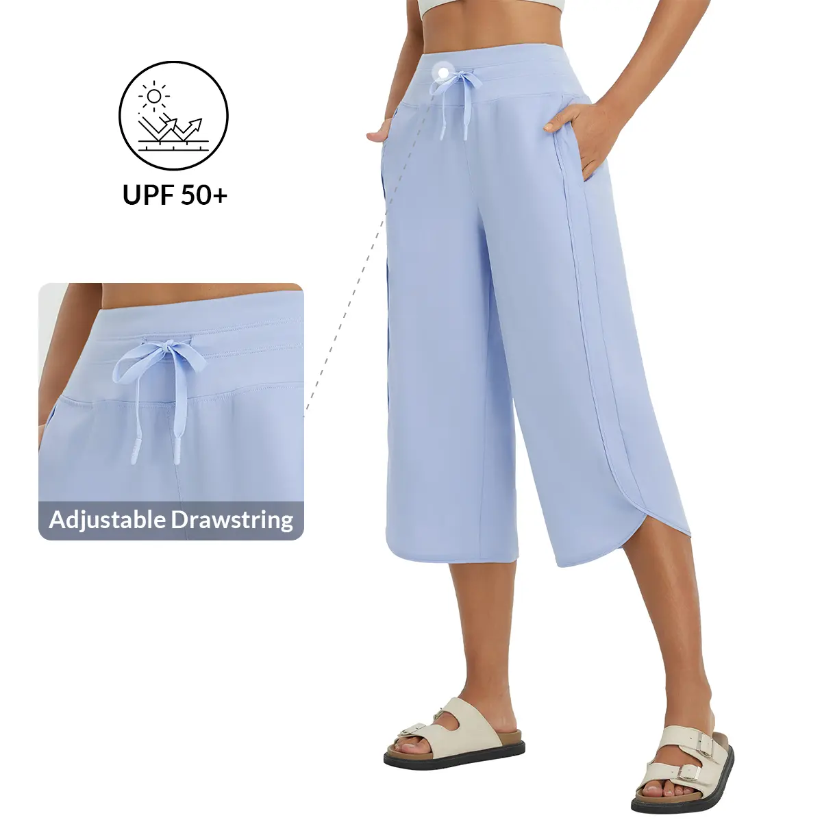 baleaf Women's 20" Wide Leg Capri Pants, Casual Lounge & Yoga Athletic Bottoms with Pockets, Quick Dry UPF 50+