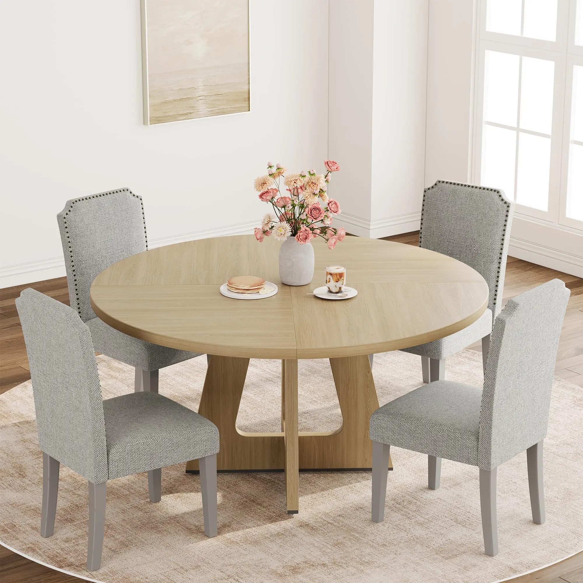 Garvee 47 in Round Large Dining Table Set for 4 to 6, Farmhouse Dinner Table with Wooden Top and Legs for Home Dining Room or Living Room - Burlywood (No Chairs)