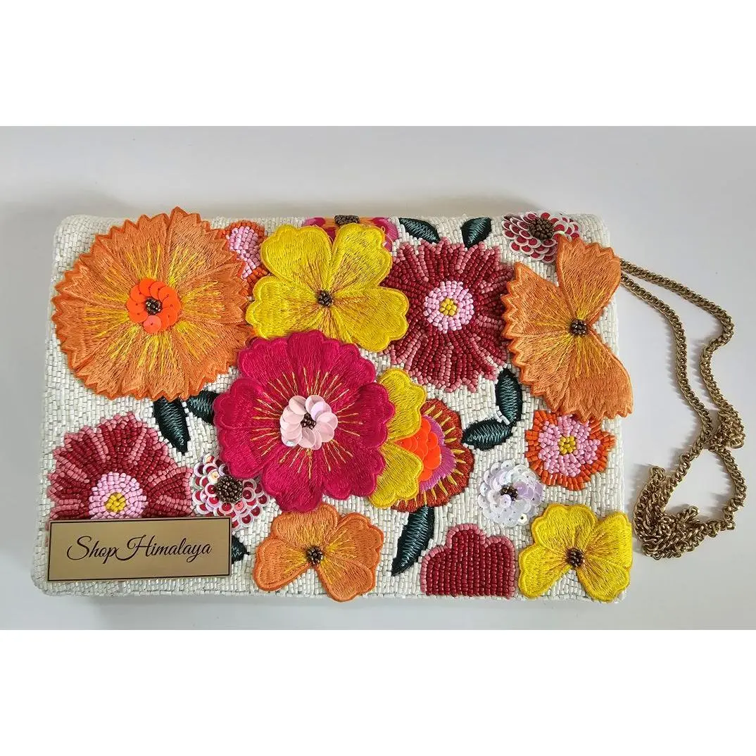 Floral Bloom Hand-Beaded Clutch,  Artisan Embroidered Evening Bag