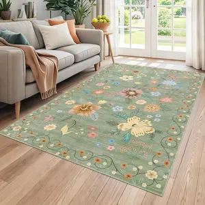 4x6 Kitchen Runner Floral Rug Runners for Hallway Bedroom,Soft Ultra-Thin Indoor Low Pile Flower Carpet with Non Slip Backing,Green