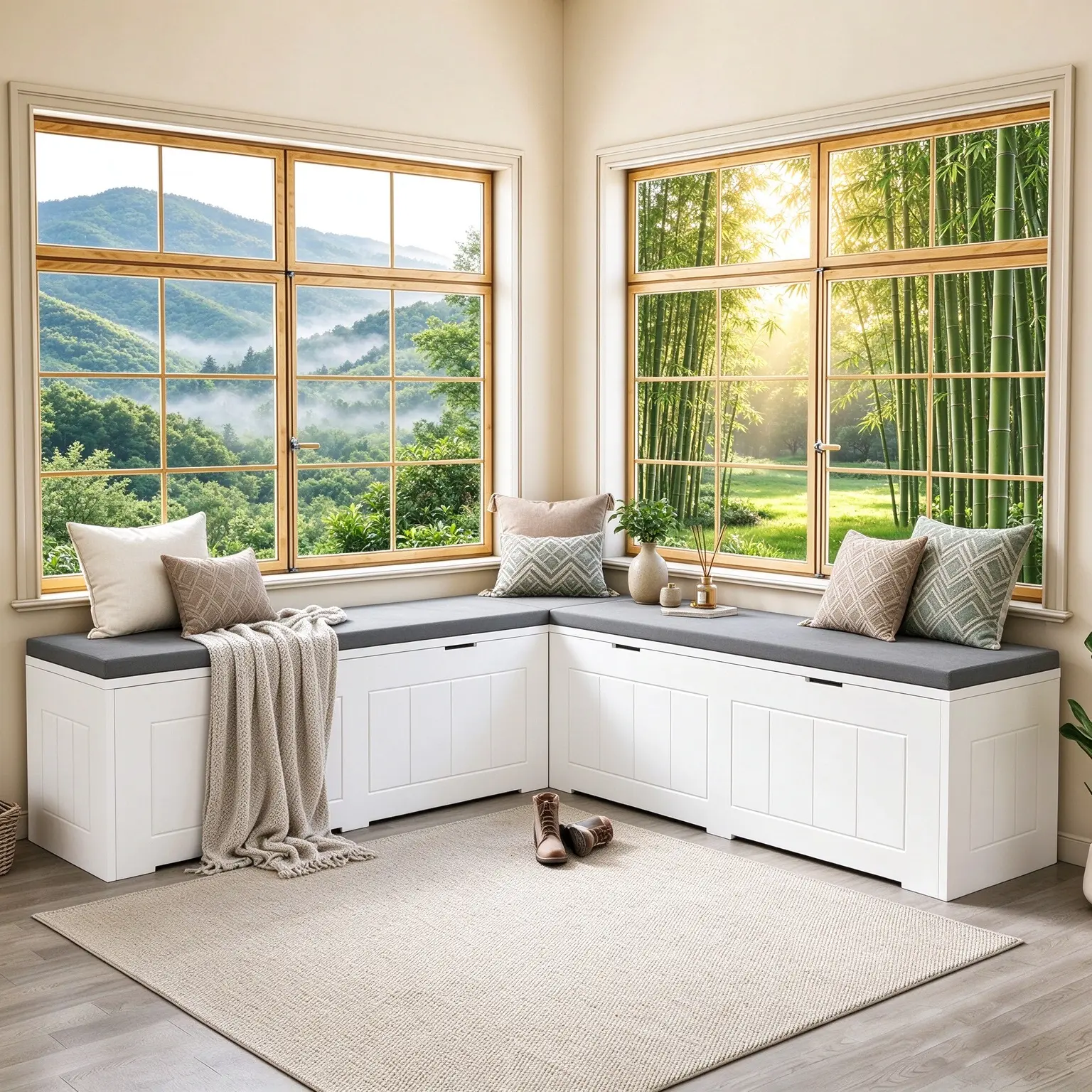 L-Shaped Corner Storage Bench with Flip-Top Compartments & Cushioned Seat, Wooden Breakfast Nook Bench with Hidden Storage, Shoe Storage Bench for Entryway Cloakroom, White & Grey