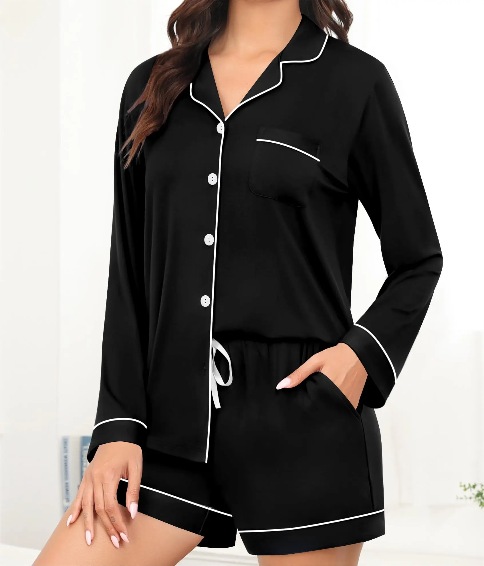 SWOMOG Womens Pajama Sets Long Sleeve and Shorts Pajamas Button Down Pjs 2 PCS Sleepwear Lounge Set with Pockets