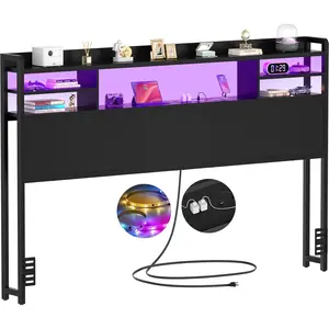 Headboard for  Size Bed with Storage, Headboards with LED Light, Power Outlets, USB Ports  Size  Board,  headboard Only Sturdy and  Headboards, Modern, Black