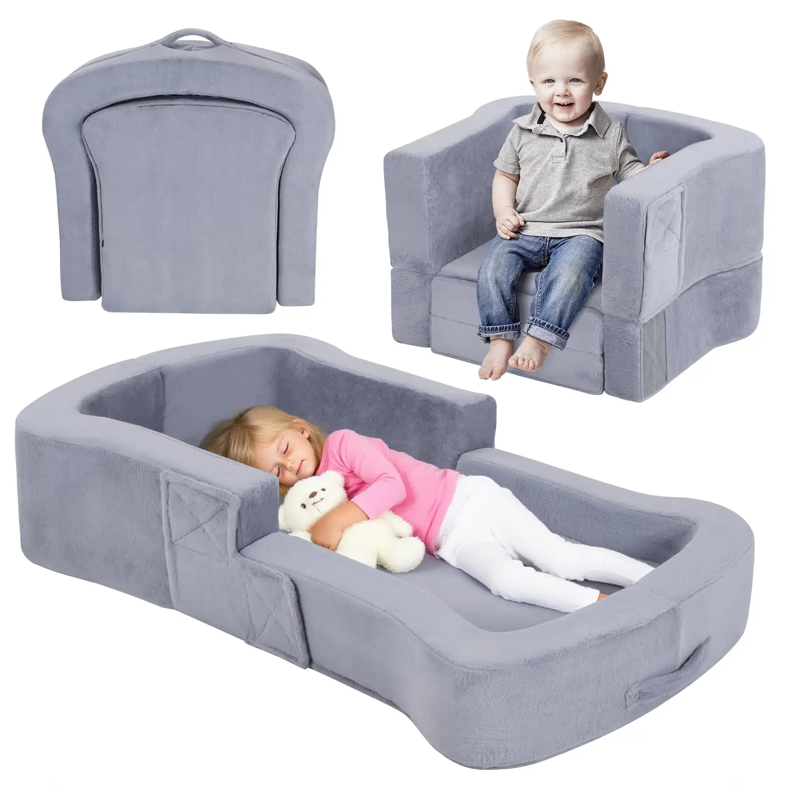 Portable Toddler Travel Bed, 2-in-1 Foldable Toddler Bed Sofa Chair, Soft Baby Kids Travel Floor Cot with Washable Covers Safety Foam Raised Bumper for Grandma's House Road Trips Camping Hotel