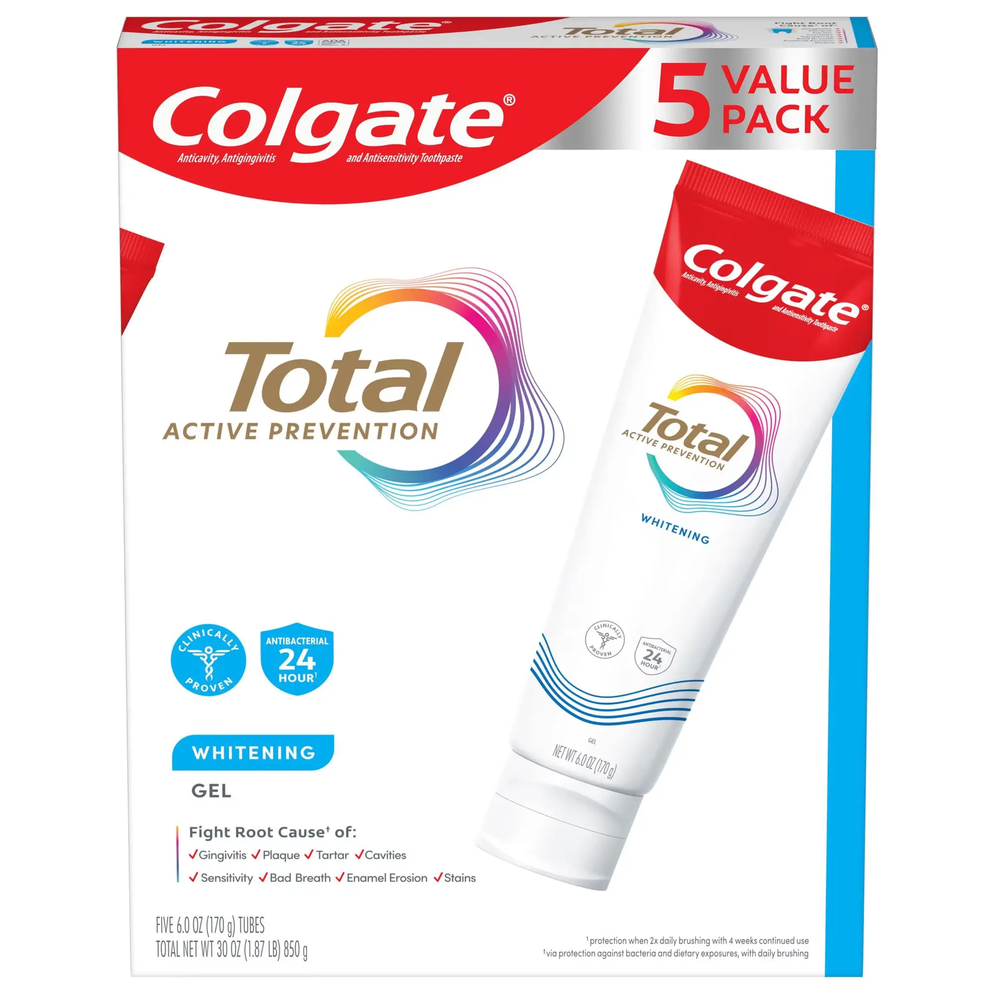 Colgate Total Gel Active Prevention Whitening Toothpaste 6 oz 5 pk